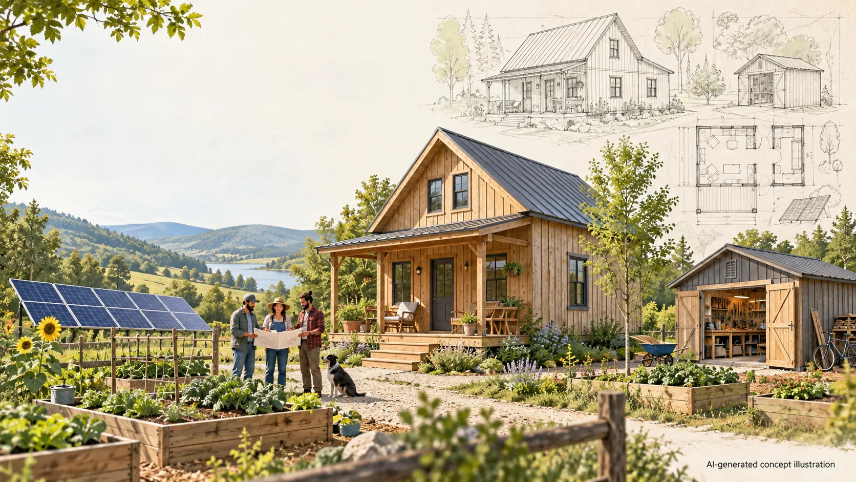 Illustration of a small timber home with a porch, a workshop, raised garden beds and solar panels, where three people look over a set of plans.